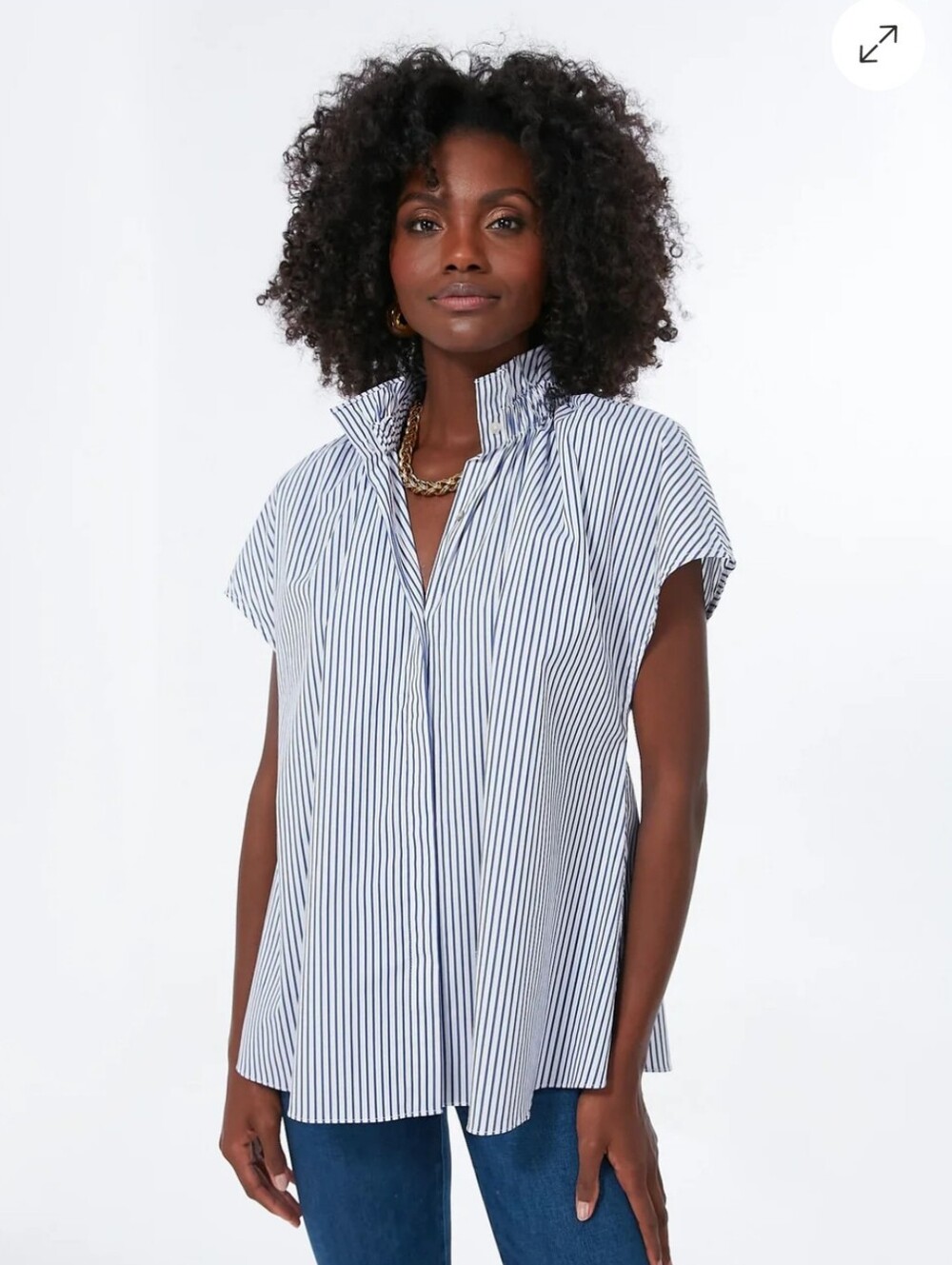 Tuckernuck Navy and White Striped Ruffle Collar Cap Sleeve Blouse